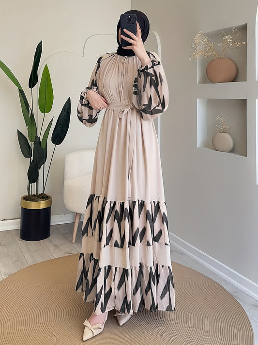 Elegant Women's Long Dress with Belt - Color Block, Lantern Sleeves, Ruffle Hem, Machine Washable - Perfect for Ramadan & Casual Attire