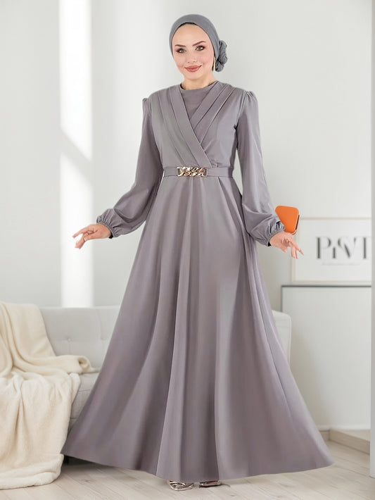Modest Women's Elegant Traditional Arabic Jalabiya Abaya Dress with Lantern Sleeves & Adjustable Belt - Long Flowing Floor-Length Robe, Round Neck, Loose Fit, Machine Washable, All-Season Wear for Muslim Women, Casual & Forma