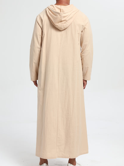 Men'S Arabic Hooded Robe - Traditional Islamic Full-Length Robe with Hood, Beige/Neutral Tones, Non-Stretch Fabric for Formal, Casual, Religious, Everyday & Special Occasions - Middle Eastern Cultural Attire, Muslim Dress, Fo