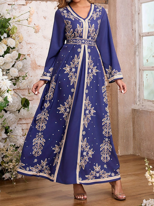 Women's Elegant Arabic Abaya Dress - Long Formal Muslim Wedding Gown with Floral Print, Navy Blue & Golden Islamic Rope for Everyday & Special Occasions - Machine Washable Non-See Through Islamic Clothing, Muslim Dress, Highq