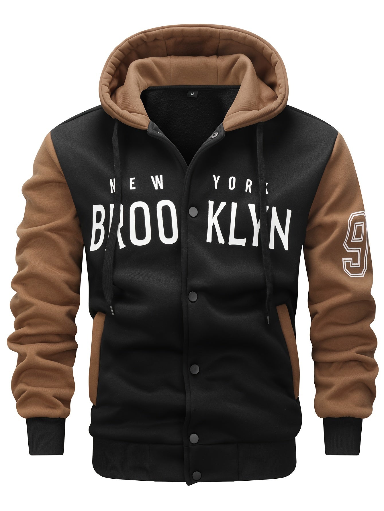 Men'S New Fall/Winter Casual Printed Hooded Baseball Jacket, Knitted Fabric, Regular Fit, Long Sleeve, Letter Pattern, Pocket, Single Button Closure, Daily & Leisure Wear