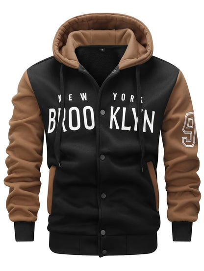 Men'S New Fall/Winter Casual Printed Hooded Baseball Jacket, Knitted Fabric, Regular Fit, Long Sleeve, Letter Pattern, Pocket, Single Button Closure, Daily & Leisure Wear