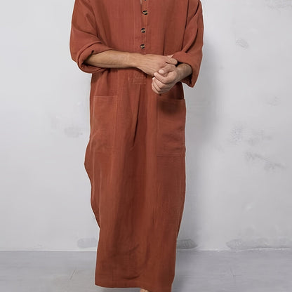 Southeast Asian Men's Loose Striped Round Neck Long Sleeve Muslim Robe Hoodie Pocket Middle Eastern Abaya