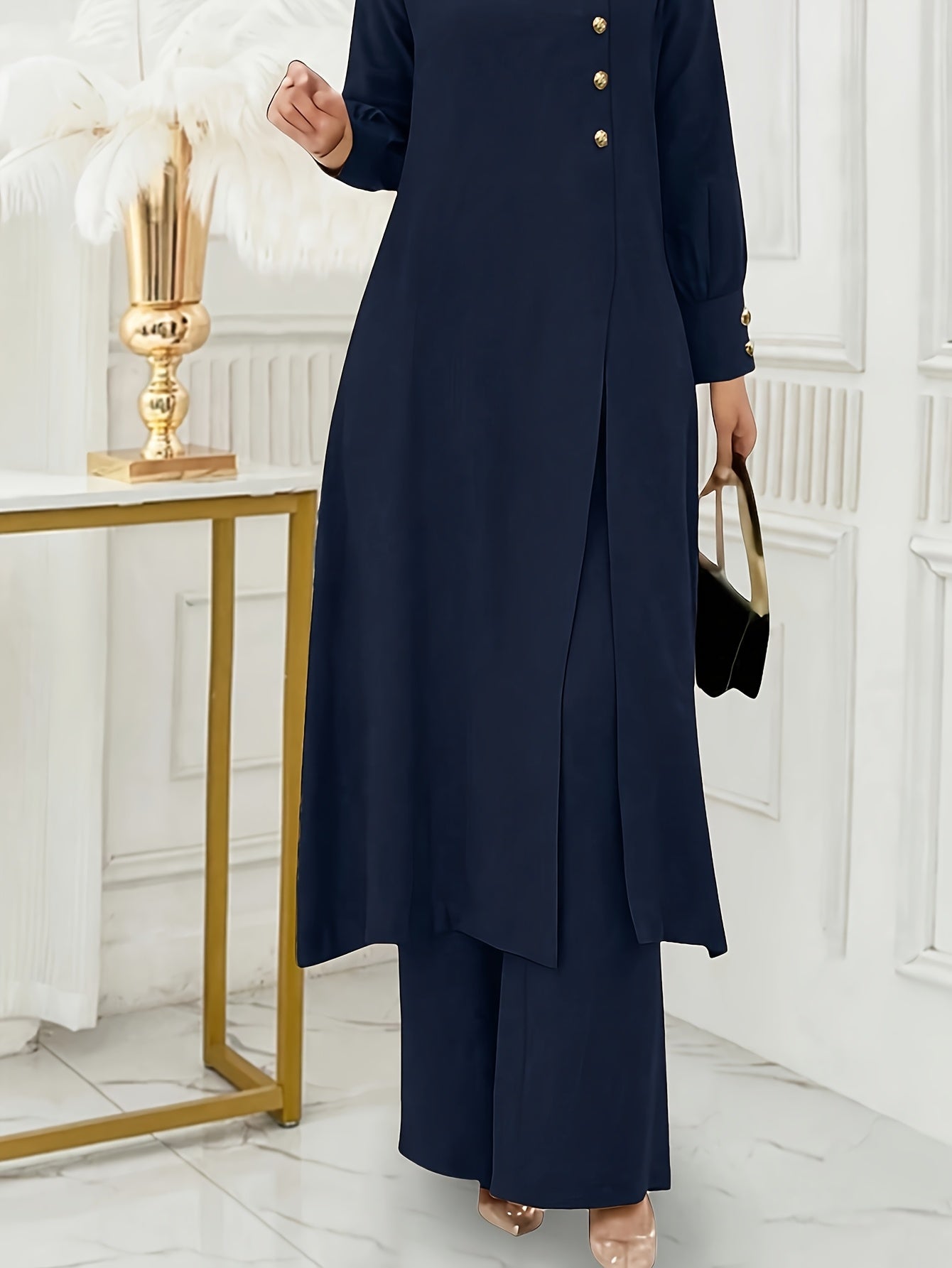 Ramadan Women'S Solid Color Button Design Long Sleeve Top and Pants Set, Arabic Style, Polyester, with Faux Button Detail, for All Seasons