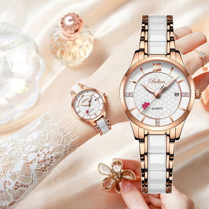 Luxury Ceramic Women's Watch with Rose Golden Case & White Dial - Quartz Movement, Date Display, Heart Accents - Elegant Valentine's Day Gift for Her, Date Feature Watch | Heart Motif Watch | Ceramic Strap Watch
