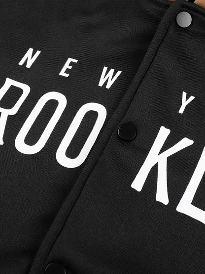 Men'S New Fall/Winter Casual Printed Hooded Baseball Jacket, Knitted Fabric, Regular Fit, Long Sleeve, Letter Pattern, Pocket, Single Button Closure, Daily & Leisure Wear