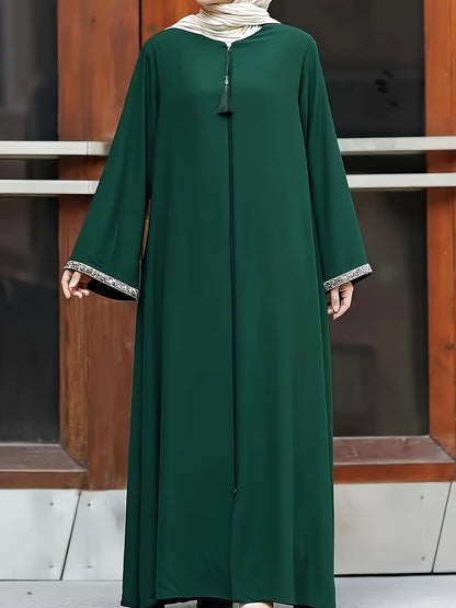 Middle Eastern Muslim Solid Color Zippered Tassel Round Neck Long Sleeve Sequined Women's Casual Abaya & No Headscarf