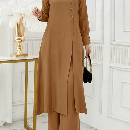 Ramadan Women'S Solid Color Button Design Long Sleeve Top and Pants Set, Arabic Style, Polyester, with Faux Button Detail, for All Seasons
