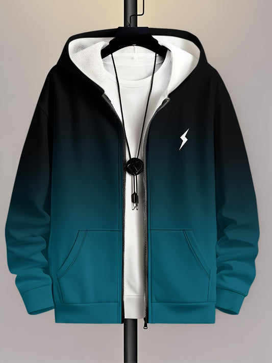 Men's Lightweight Hooded Jacket - Zip-Up Casual Coat with Full-Zip Closure, Machine Washable Outerwear for Spring/Fall Seasons - Everyday Urban Outerwear for Men, Gradient Color Design, Soft Shell Construction