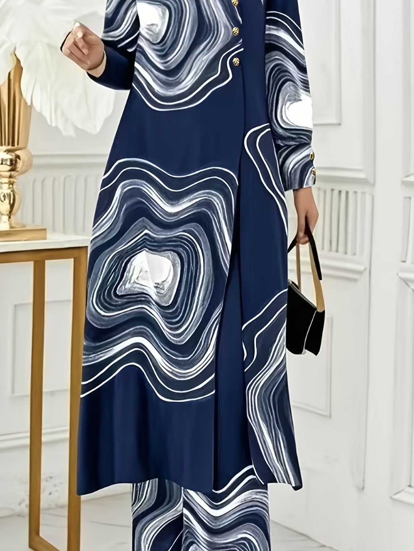Ramadan, Women Button-Decorated Solid Color Long Sleeve Top & Pants Set, Arabic Style Clothing, Only Clothes, Without Headscarf
