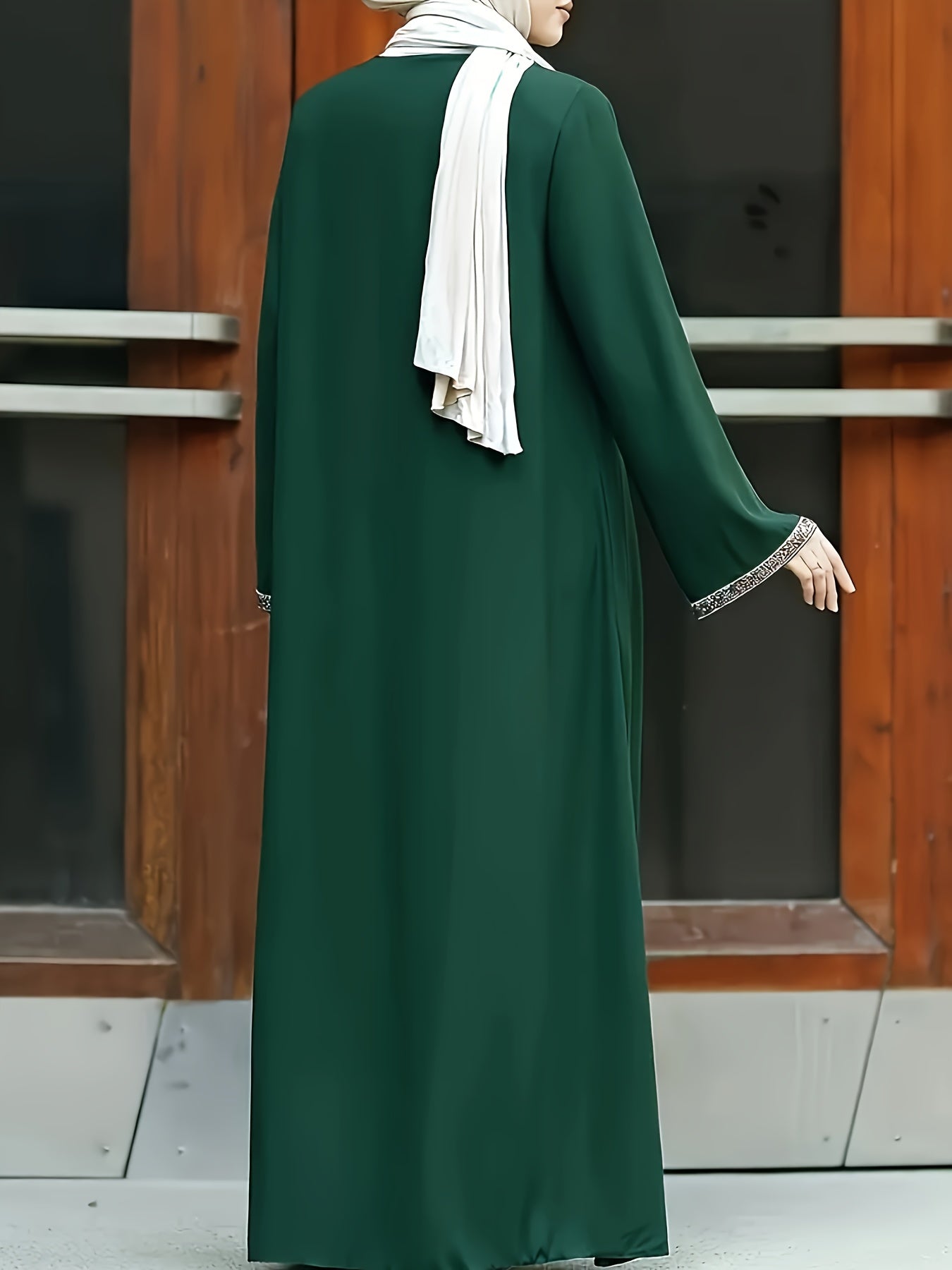 Middle Eastern Muslim Solid Color Zippered Tassel Round Neck Long Sleeve Sequined Women's Casual Abaya & No Headscarf