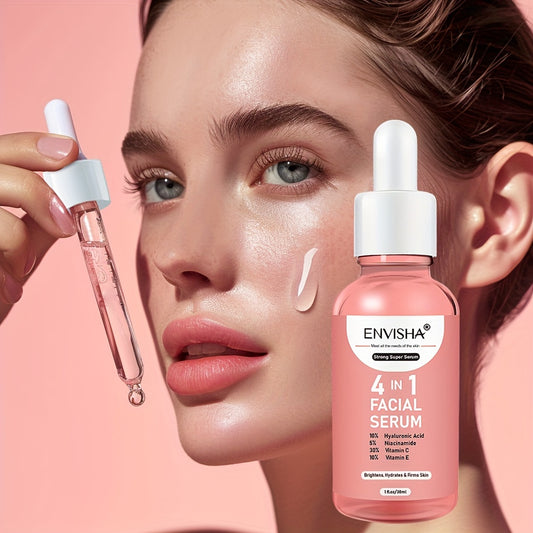 Unisex 4 in 1 Facial Serum - ENVISHA 1 Fl.Oz Moisturizing Drops with Hyaluronic Acid, Niacinamide, Vitamin C & E for All Skin Types, Unscented Face Care