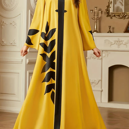 Elegant Yellow Floral Print V-Neck Kaftan Dress - Traditional Loose Fit Long Sleeve Maxi with Black Floral Patterns, Perfect for All Seasons, Festive Attire | Vneck Dress | Polyester Fabric