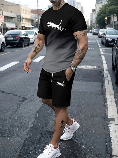 2pcs 2-Piece Gradient Summer Men's Set: Round Neck T-shirt & Elastic Waist Shorts with Pockets