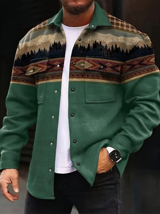 Men'S Casual Winter Jacket with Color-Blocked Stripes & Diamond Pattern - Warm Polyester Coat, Regular Fit, Front Pockets & Single-Breasted Button Closure for Autumn/Winter Outdoor Activities, Casual Outerwear | Colorblock De