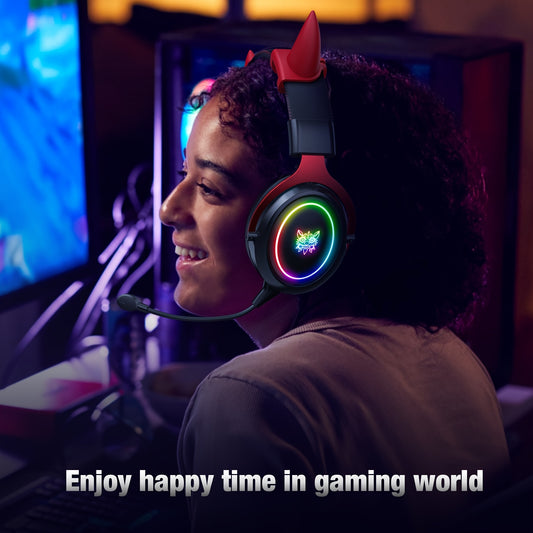 ONIKUMA Gaming Headset with Detachable Little Demon Horns, RGB Lighting, HD Microphone for PC Gaming - Volume Control, 3.5mm Jack