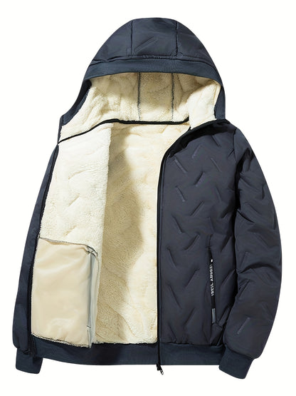 Men'S Heavy-Duty Winter Jacket - Thermal Insulated Cold Weather Coat with Full-Zip Closure, Hooded Collar, Polyester Lining - Black Outerwear for Business, Casual, Outdoor - Easy-Care Non-Stretch Fabric - Fall/Winter Jacket f