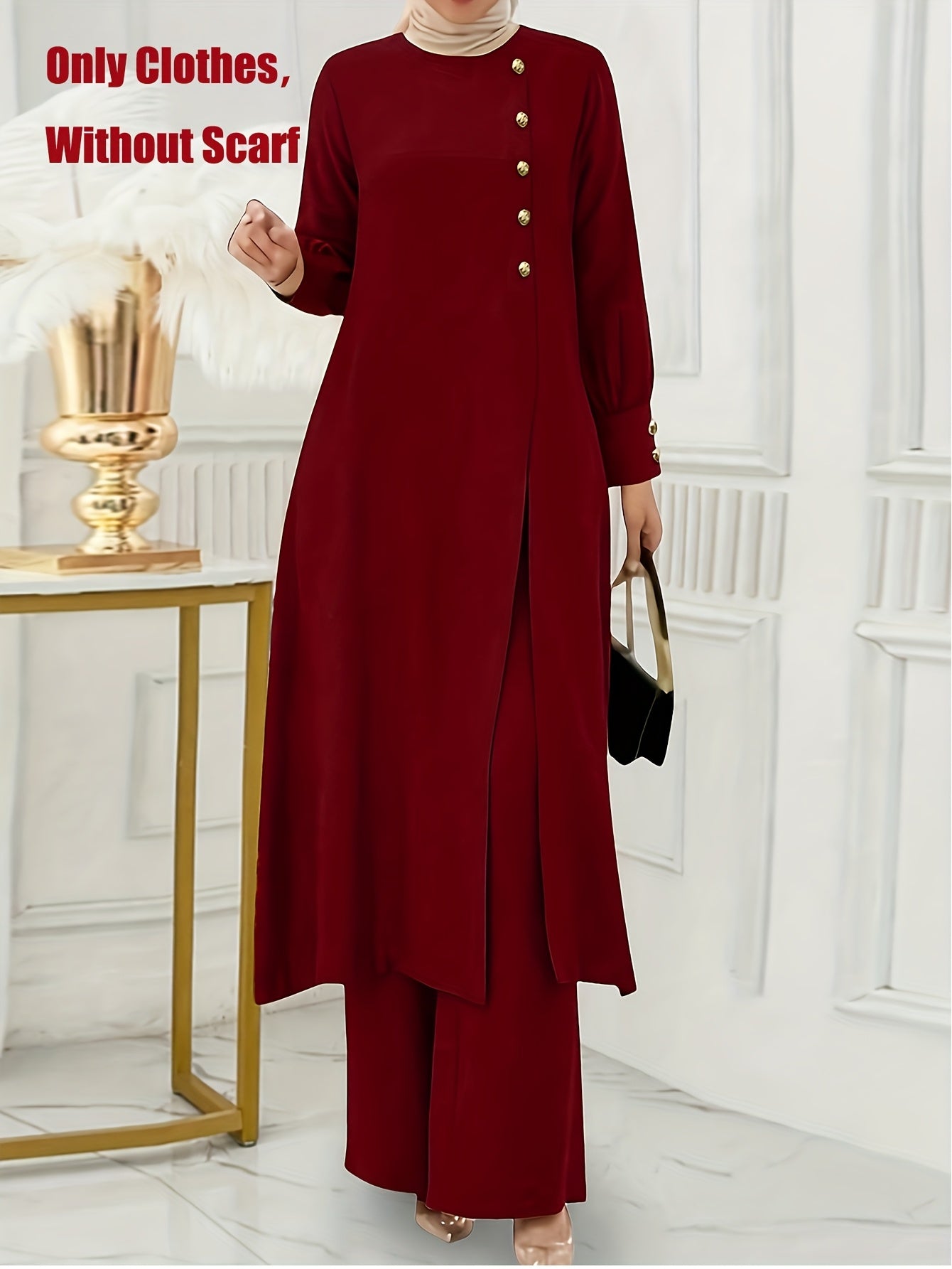 Ramadan Women'S Solid Color Button Design Long Sleeve Top and Pants Set, Arabic Style, Polyester, with Faux Button Detail, for All Seasons