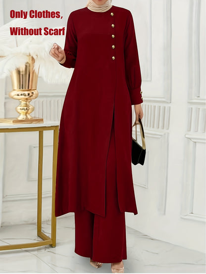 Ramadan Women'S Solid Color Button Design Long Sleeve Top and Pants Set, Arabic Style, Polyester, with Faux Button Detail, for All Seasons