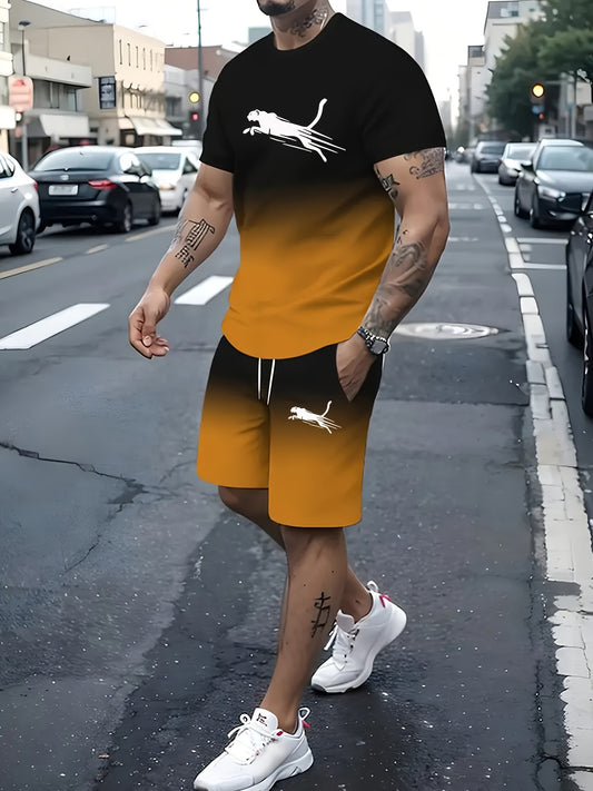 2pcs 2-Piece Gradient Summer Men's Set: Round Neck T-shirt & Elastic Waist Shorts with Pockets