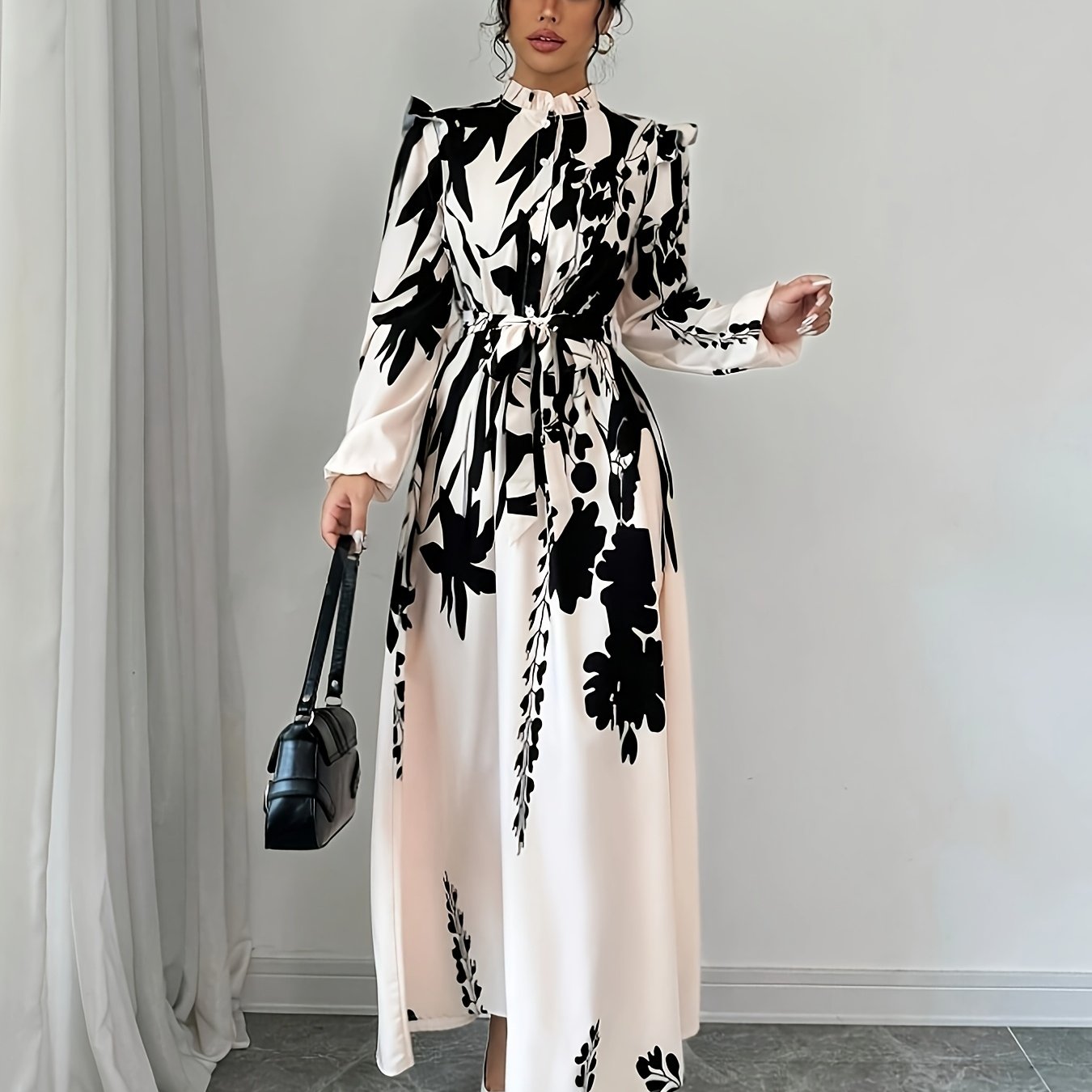 Women's Floral Print A-Line Dress with Puff Sleeves & Cinched Waist - Semi-Sheer Long Dress, Black & Floral Pattern, Stand-Up Collar, Machine Washable for Spring/Fall, Elegant Office to Party Wear, Floral Print Dress, Spring