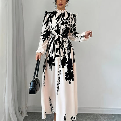Women's Floral Print A-Line Dress with Puff Sleeves & Cinched Waist - Semi-Sheer Long Dress, Black & Floral Pattern, Stand-Up Collar, Machine Washable for Spring/Fall, Elegant Office to Party Wear, Floral Print Dress, Spring