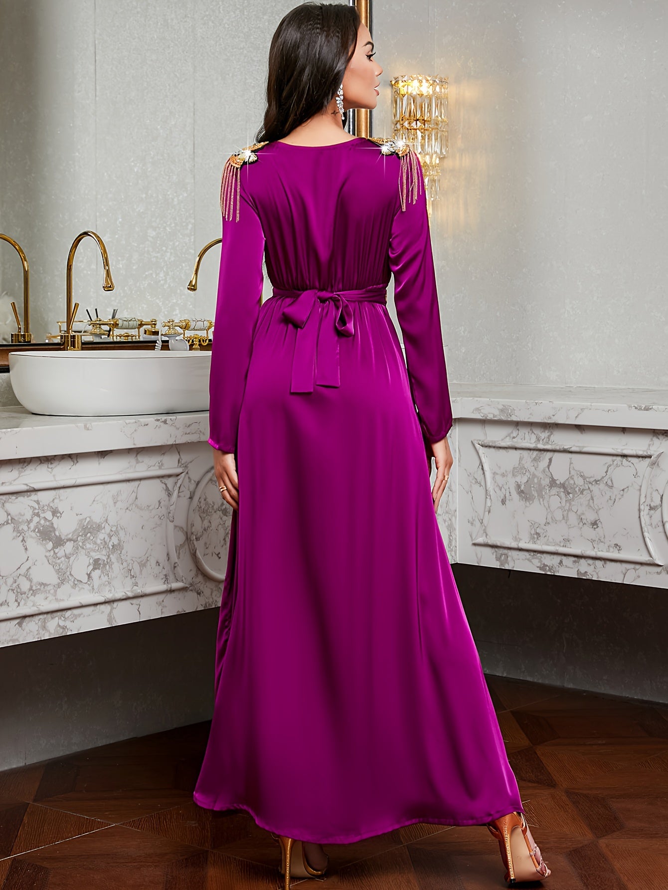 [Purple Elegant Dress] Elegant Purple 7023 Long Dress | Golden Embroidery, Tassel Detail, Belted, All-Season Wear, Formal Event Attire, Formal Attire, Embroidered Dress, Detailed Embroidery