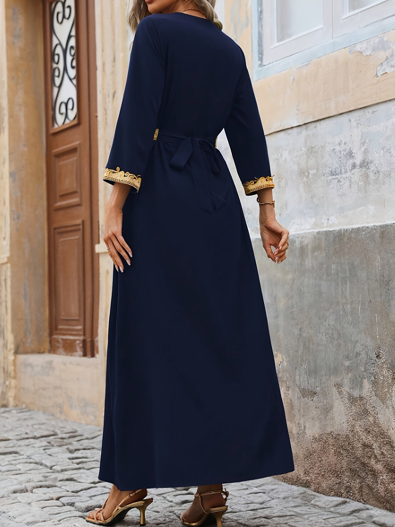 Women's Elegant Middle Eastern Maxi dress - Navy Blue Formal & casual gown with Long Sleeves, Non-Stretchy Elegant attire for Weddings, Cultural Events, Casual Attire - Machine Washable Traditional Dress, Formal Dresses, Vaca
