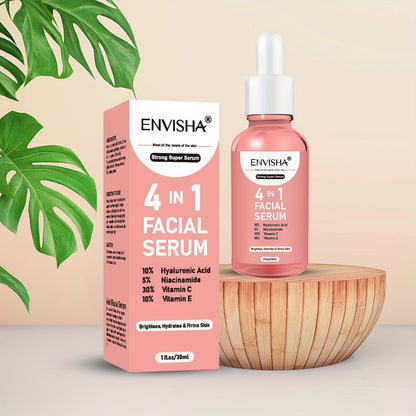 Unisex 4 in 1 Facial Serum - ENVISHA 1 Fl.Oz Moisturizing Drops with Hyaluronic Acid, Niacinamide, Vitamin C & E for All Skin Types, Unscented Face Care