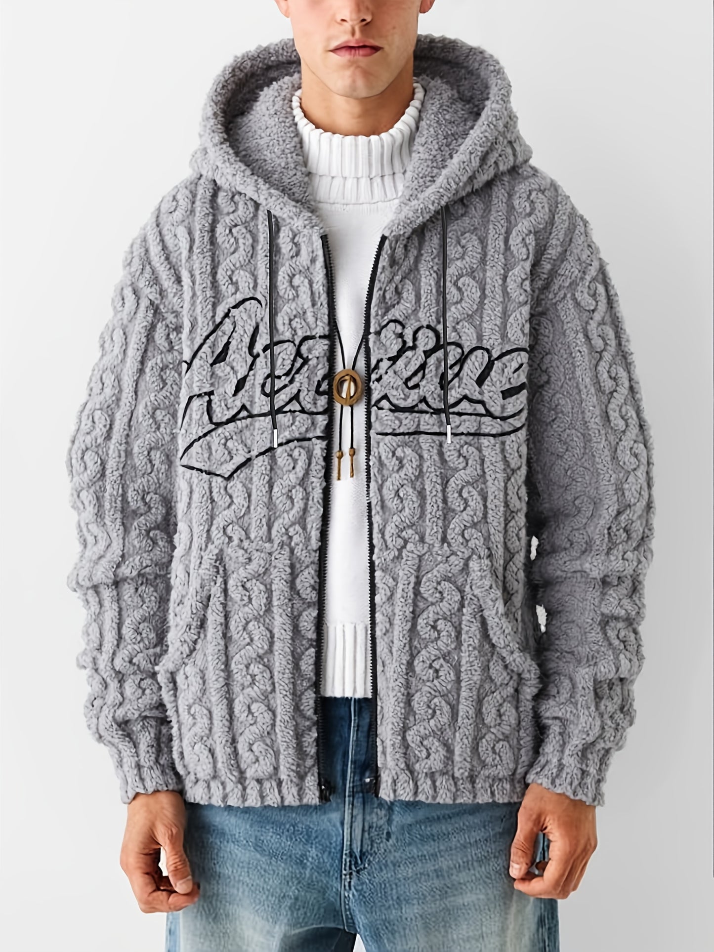 1pc Men'S Fleece Hooded Zip-Up Jacket with Embroidered Lettering - Cozy Double-Sided Plush, Long Sleeve, Regular Fit, Fall/Winter Casual Outerwear, Casual Winter Wear | Embroidered Lettering Jacket | Plush Fleece Jacket, Thic