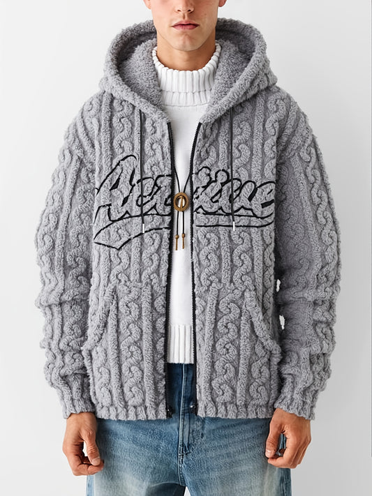 1pc Men'S Fleece Hooded Zip-Up Jacket with Embroidered Lettering - Cozy Double-Sided Plush, Long Sleeve, Regular Fit, Fall/Winter Casual Outerwear, Casual Winter Wear | Embroidered Lettering Jacket | Plush Fleece Jacket, Thic