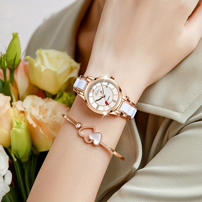 Luxury Ceramic Women's Watch with Rose Golden Case & White Dial - Quartz Movement, Date Display, Heart Accents - Elegant Valentine's Day Gift for Her, Date Feature Watch | Heart Motif Watch | Ceramic Strap Watch