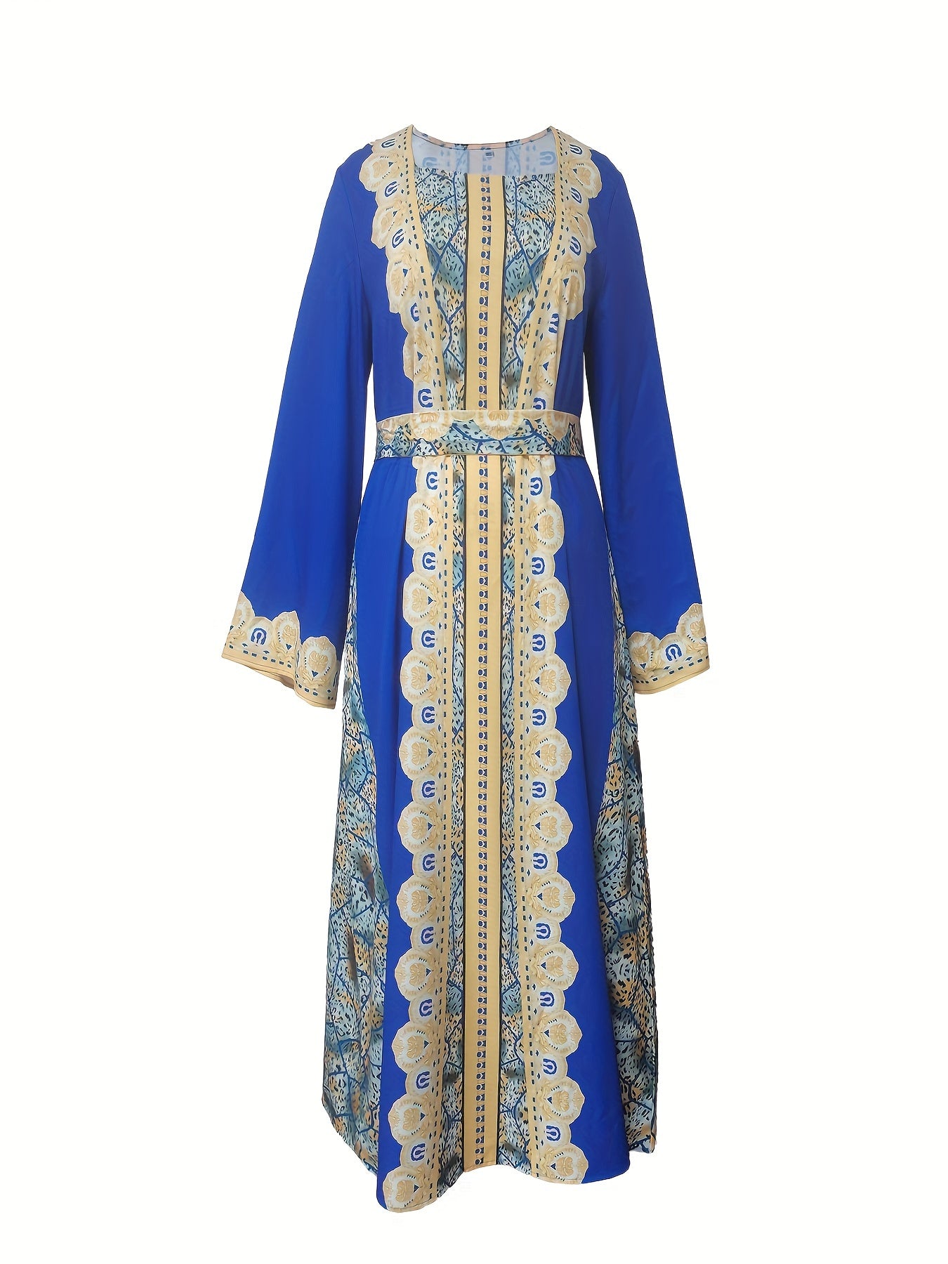 1pc Elegant Middle Eastern Tribal Print Kaftan Dress - Polyester Long Sleeve Square Neck with Belt Detail, Fitted A-Line Silhouette for Spring/Summer/Fall