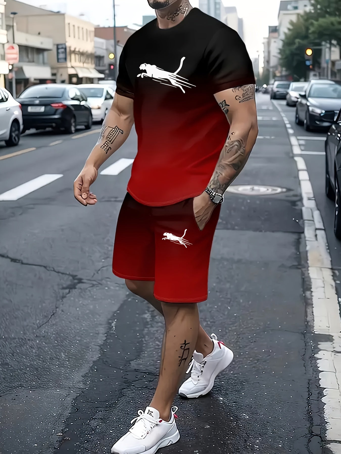 2pcs 2-Piece Gradient Summer Men's Set: Round Neck T-shirt & Elastic Waist Shorts with Pockets
