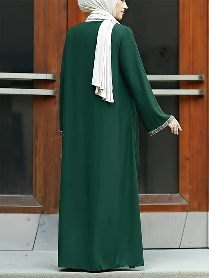 Long-sleeve zip-up kaftan dress, elegant maxi dress with contrast trim and fringe