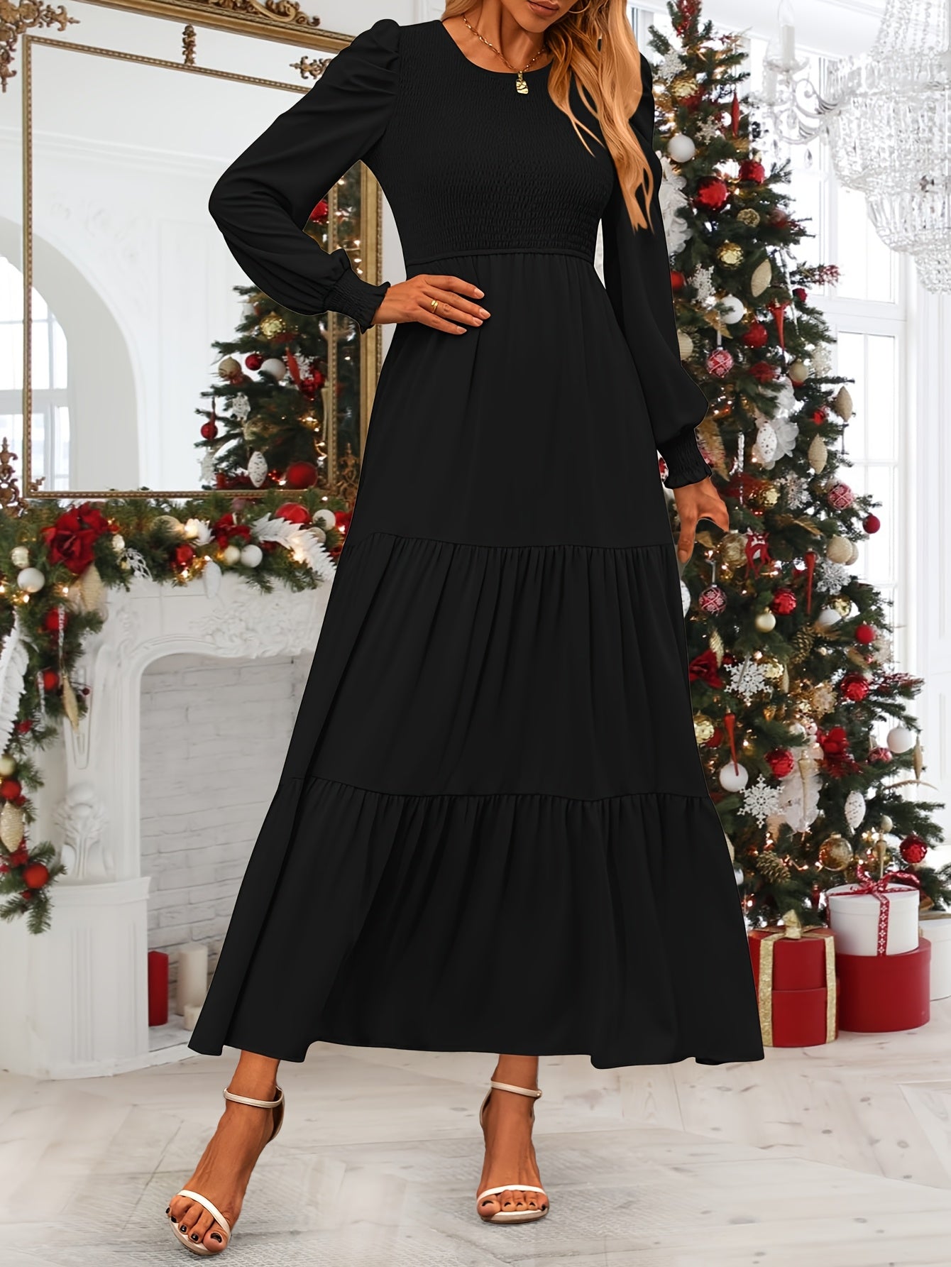 Women's Fall Wedding Guest Dress Long-sleeved Extra-long Dress Casual Crew-neck Pleated A-line Flowing Dress