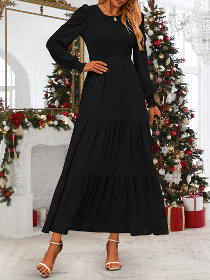 Women's Fall Wedding Guest Dress Long-sleeved Extra-long Dress Casual Crew-neck Pleated A-line Flowing Dress