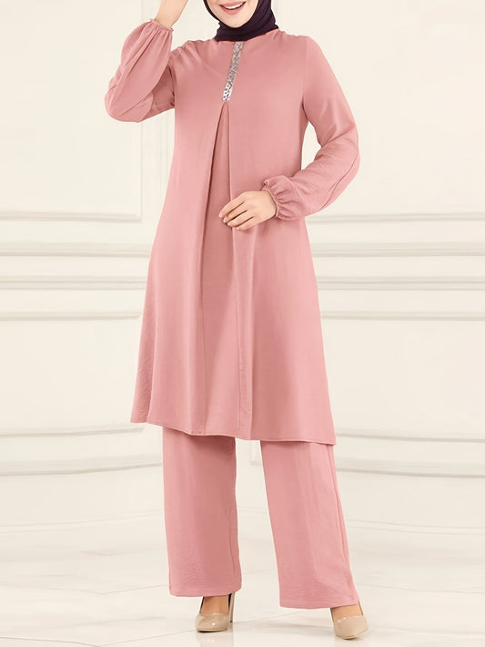 Two-Piece Set for Women Featuring a Simple Round Neck Shirt And Loose Long Pants (Headscarf Not Included).