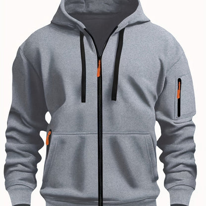 Men's Sporty Zip-Up Hoodie Jacket - Vibrant Orange with Black Zipper Accents, Polyester-Lined Comfort, Machine Washable Regular Fit for Autumn Winter Casual Outdoor Wear, Autumn Apparel