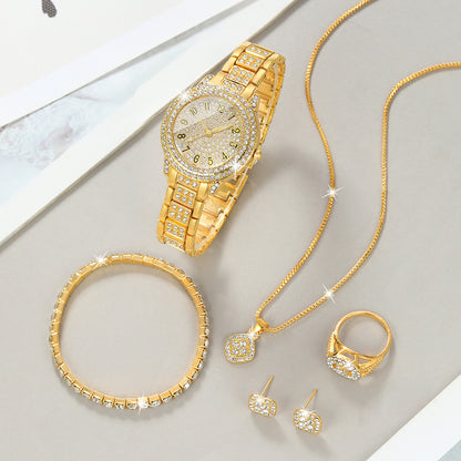 1 Round Elegant Business Casual Quartz Watch and 6 Jewelry Pieces - Perfect for Casual Attire and Gift Occasions, Birthday Gifts and Holiday Parties, Ideal for Women, Ladies, Family, Friends, Spouse, Mother