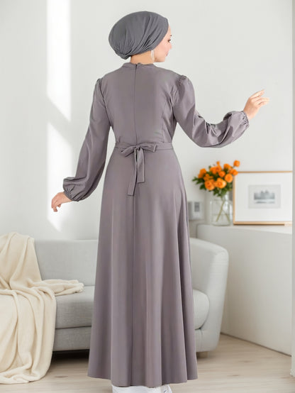 Modest Women's Elegant Traditional Arabic Jalabiya Abaya Dress with Lantern Sleeves & Adjustable Belt - Long Flowing Floor-Length Robe, Round Neck, Loose Fit, Machine Washable, All-Season Wear for Muslim Women, Casual & Forma