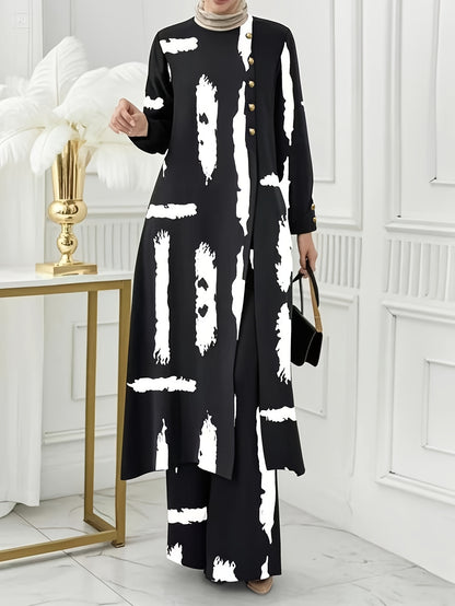 Ramadan, Women Button-Decorated Solid Color Long Sleeve Top & Pants Set, Arabic Style Clothing, Only Clothes, Without Headscarf
