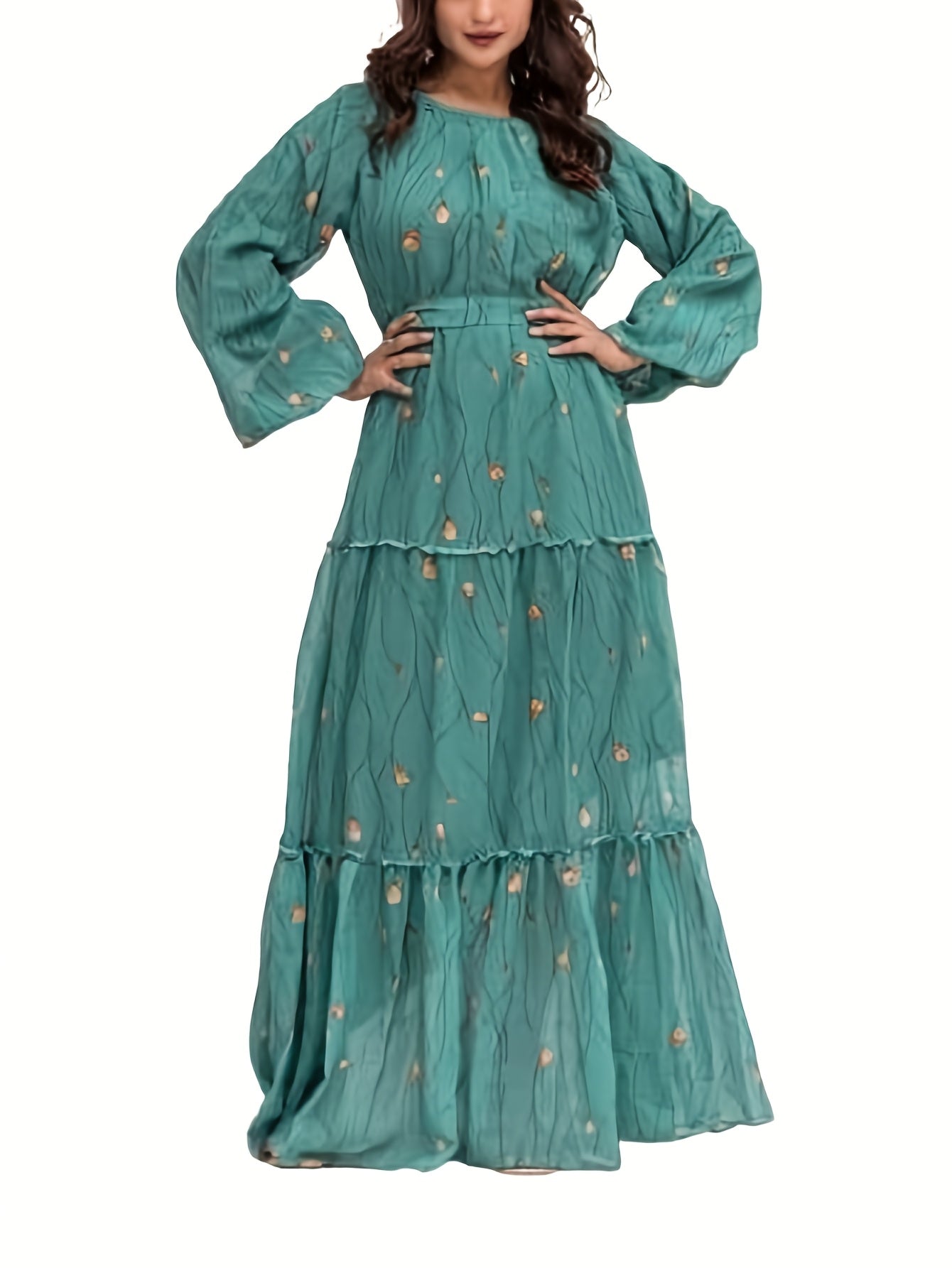 Women's Elegant Turquoise Green Boho Maxi Dress with Puffed Sleeve & A-Line Silhouette - Floor-Length Formal & Everyday Traditional Indian-Inspired Long Dress, Machine Washable for Weddings, Parties, Festivals, Dress for Wome