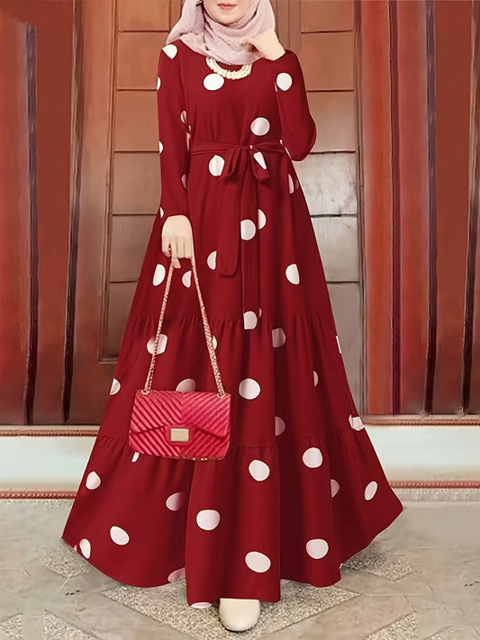 Vintage Red & White Polka Dot Middle Eastern Sun Dress - Long Sleeve Belted Loose Fit Maxi Dress with Round Neck, Machine Washable All-Season Traditional Attire, Retro Dresses, Cultural Fashion Wear, Flowy Fabric Gown