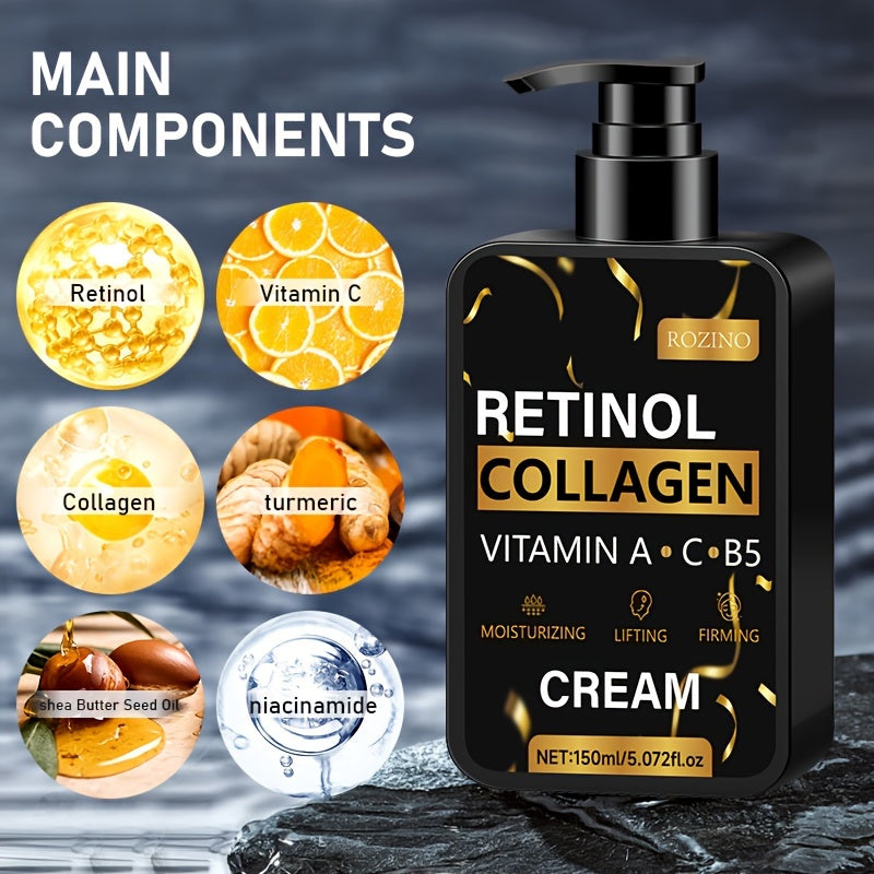 ROZINO Retinol Collagen Face Cream 5.07oz - Vitamin A, C, B5 Enriched, Hydrating & Firming Moisturizer for All Skin Types, Hypoallergenic, Reduces Fine Lines & Wrinkles, Reveals Youthful Radiance
