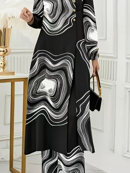 Ramadan, Women Button-Decorated Solid Color Long Sleeve Top & Pants Set, Arabic Style Clothing, Only Clothes, Without Headscarf