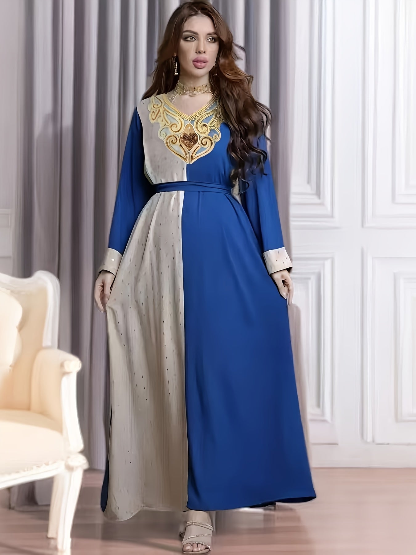 Elegant Middle Eastern Color Blocking Robe with Golden Embellishments - Long Sleeve, Belted, Geometric Pattern, All-Season Wear, Polyester Fabric, Regal Attire|Geometric Pattern Robe|Belted Waistband, Middle Eastern Wear