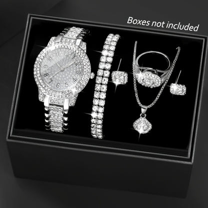 1 Round Elegant Business Casual Quartz Watch and 6 Jewelry Pieces - Perfect for Casual Attire and Gift Occasions, Birthday Gifts and Holiday Parties, Ideal for Women, Ladies, Family, Friends, Spouse, Mother