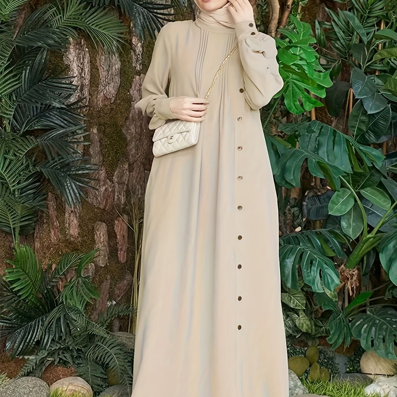 Ramadan Solid Tucked Maxi Abaya, Elegant Long Sleeve Loose Abaya, Women's Clothing