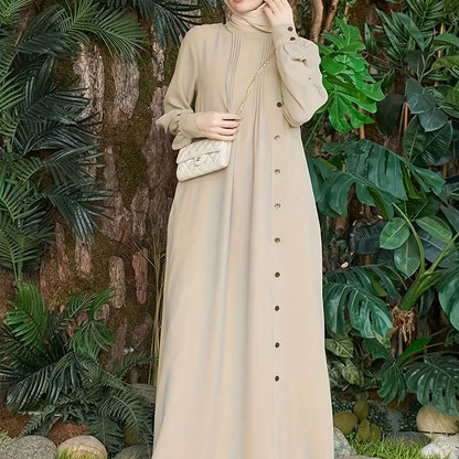 Ramadan Solid Tucked Maxi Abaya, Elegant Long Sleeve Loose Abaya, Women's Clothing